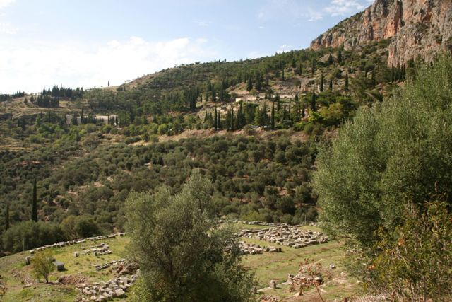 Delphi archaeological site - Gymnasium with Sanctuary in background